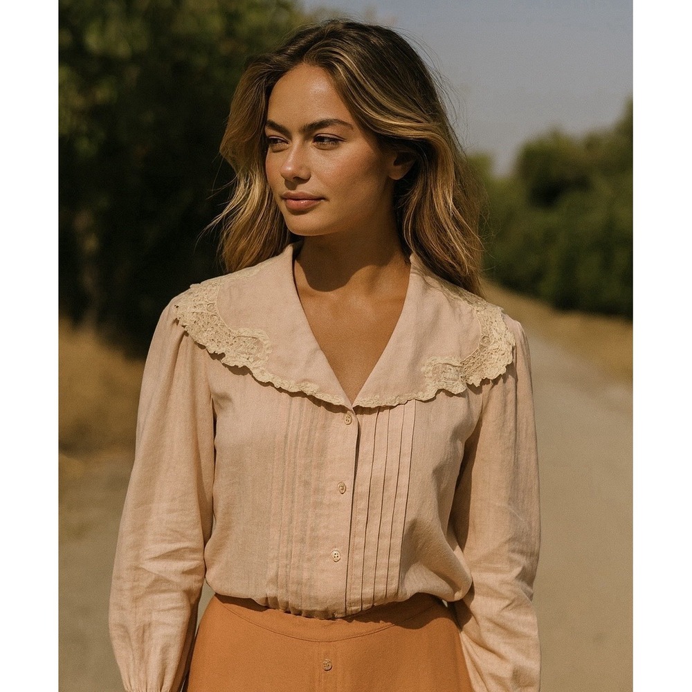 VTG Lace‎ Trim Pintuck Blouse Peach Button Down Cottagecore Top Small No Size